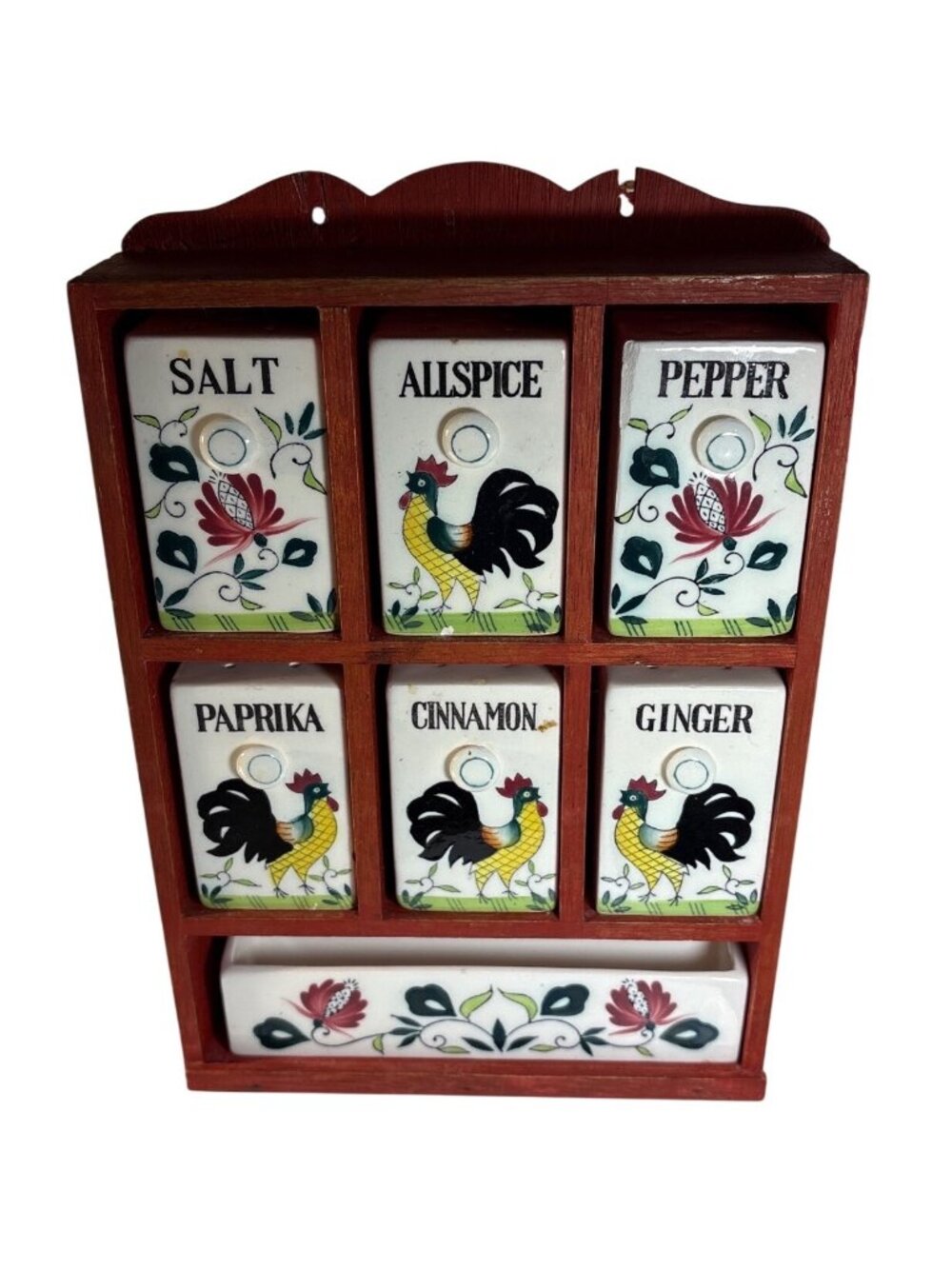 Royal Sealy Wooden Spice Rack Rooster Floral 6 Ceramic Jars 1 Drawer 10.5" Red